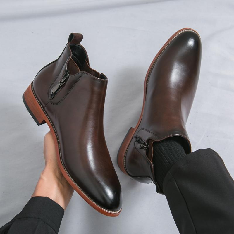 Fashion Fashion Brand Men's Autumn Comfortable Pointed Chelsea Leather Boots Retro Style Men's Side Zipper Breathable Casual Short Boots