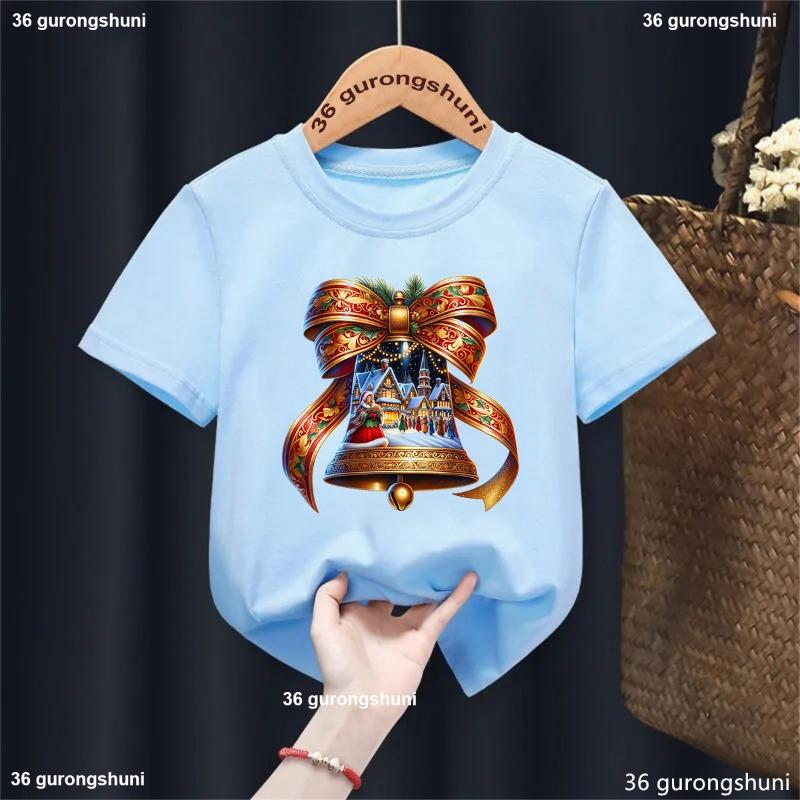 Xmas Gift Kids Clothes Christmas Bell Santa Claus Rides Reindeer Printed T Shirt For Girls/Boys Funny Solid T-Shirt Tops