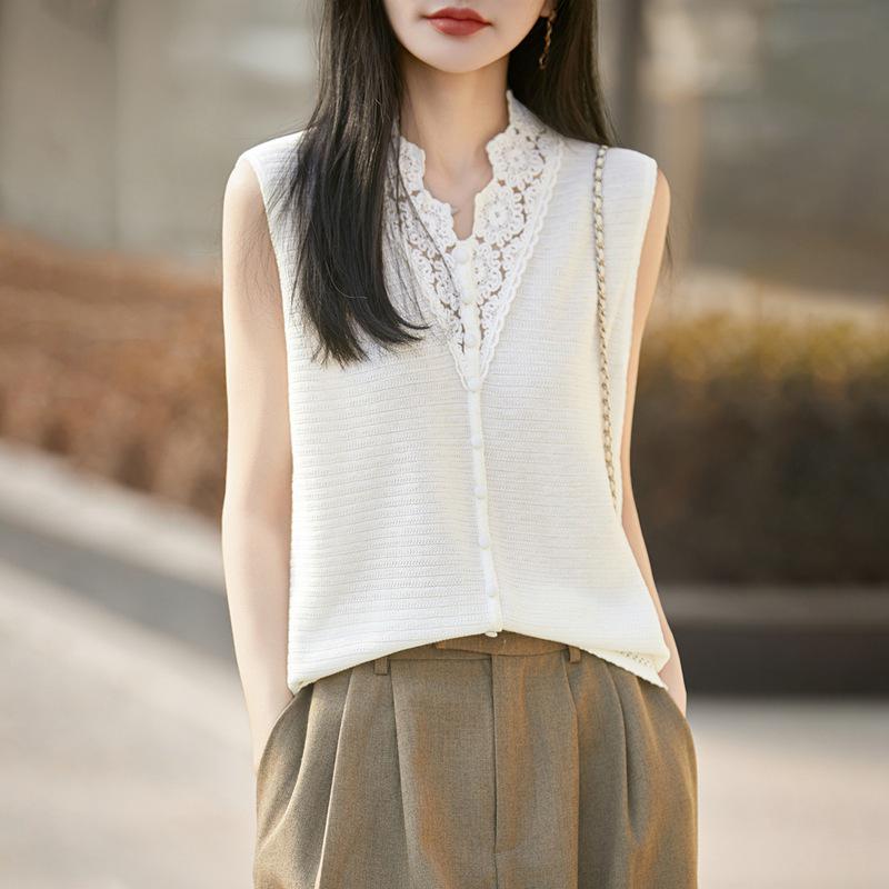 2026 Spring/Summer Women's Silk Wool V-Neck Sleeveless Knit Vest with Hollow Crochet Design