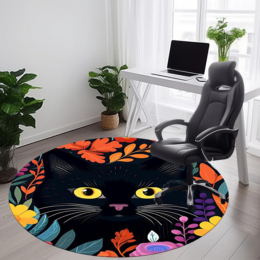 1PC Cat Flowers Office Round Area Rug, Mat Suitable For Office, Under Office Chairs Bedroom Living Room Home Decor, Room Deco