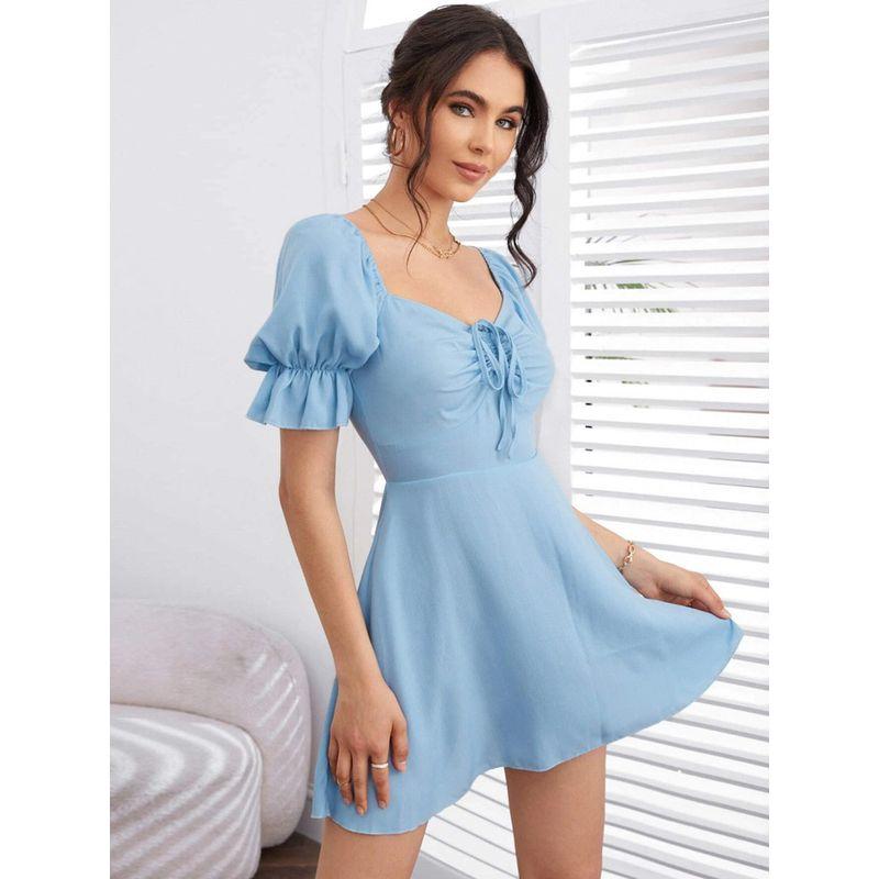 New Pullover Skirt Blue Square Neck Retro Solid Dress Dress