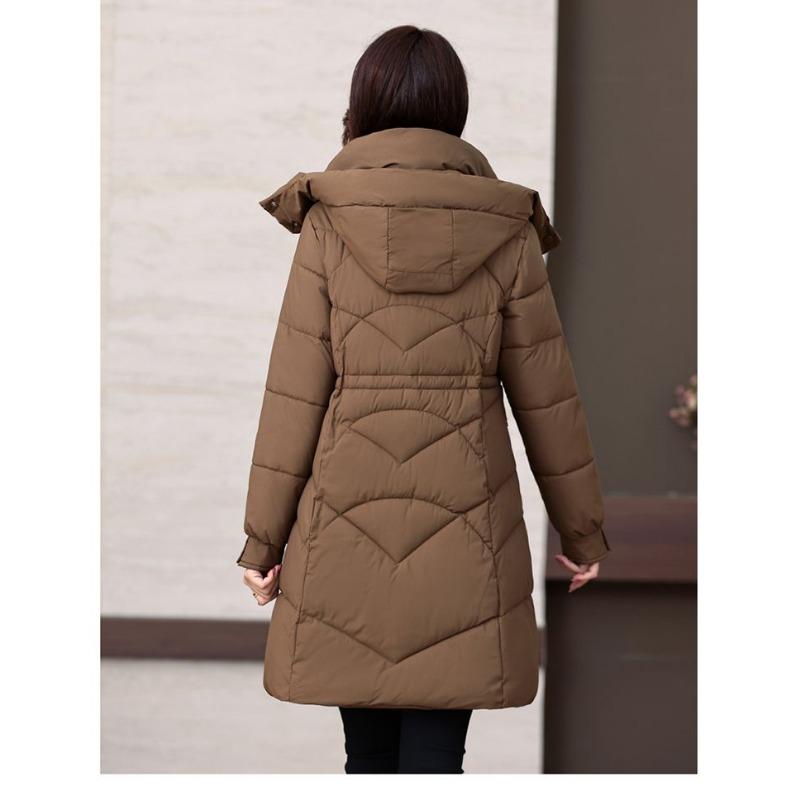 Winter Women Medium To Long Cotton Jacket Thickened Warm Casual Stand Collar Hooded Parker Coat Solid Color Warm Cotton Jacket