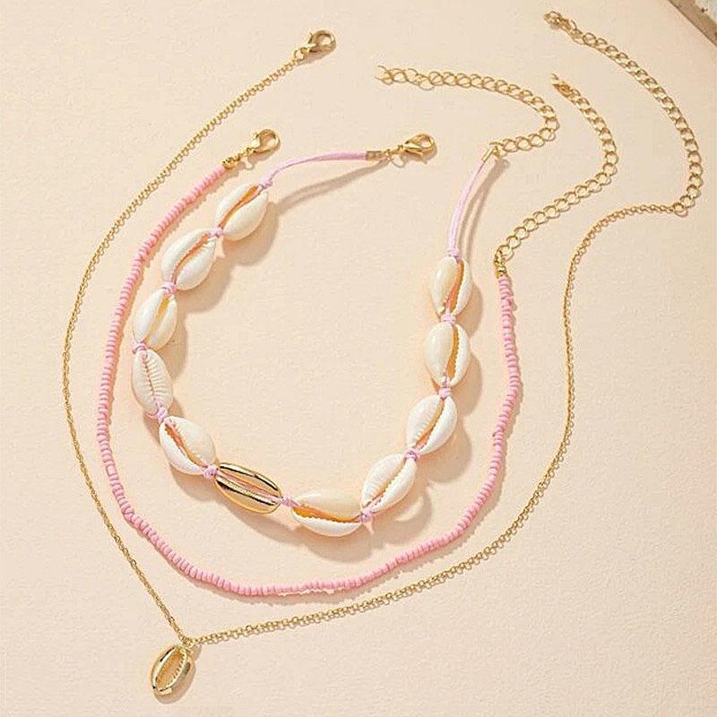 Bohemian Style Multi-Layer Clavicle Chain Necklace with Seed Beads and Shell Pendant for Women