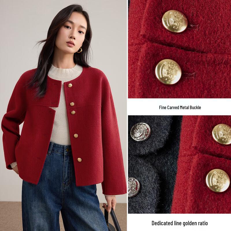 Women's 100% Wool Round Neck Short Woolen Coat