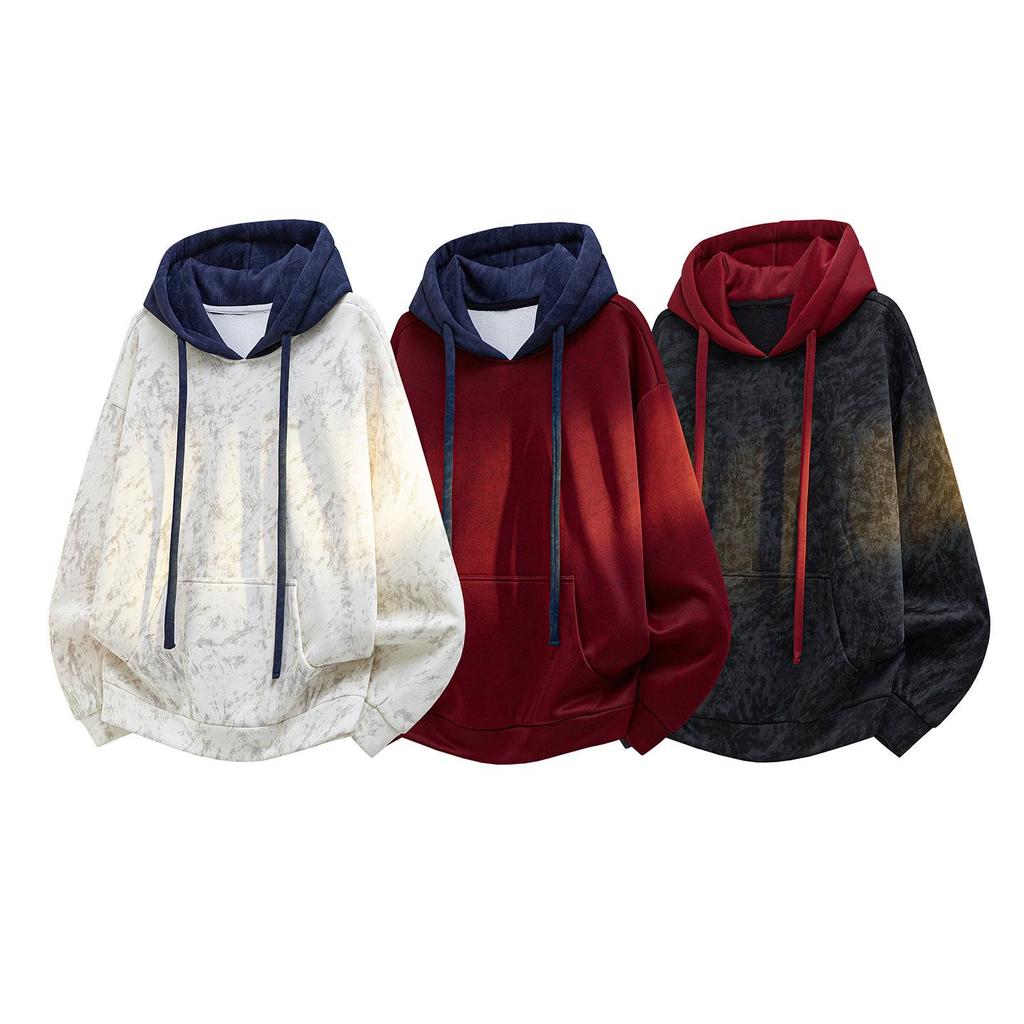 2025 Autumn/Winter Men's Retro Color Block Patchwork Loose Hoodie (Plus Size)