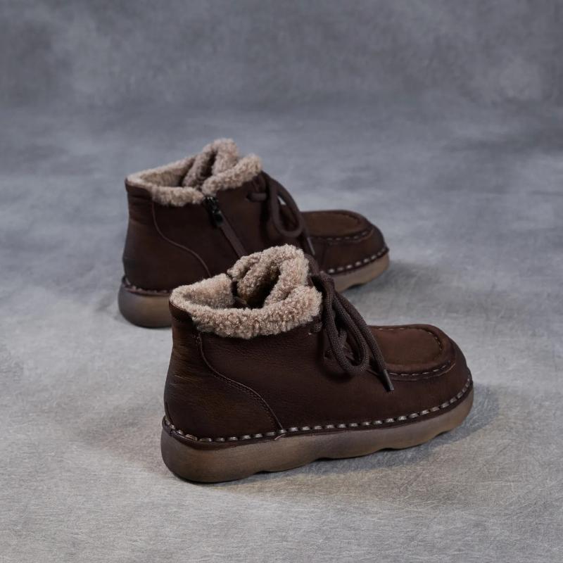 Johnature Zimowe Grube Pluszowe Ciepłe Bawełniane Buty Skóra Naturalna Retro Wygodne Miękka Podeszwa Damskie Płaskie Botki