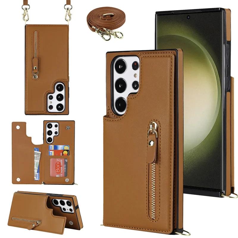 Zipper Wallet with Card Holder CrossbodyPhone Case for Samsung Galaxy S23 S21 S20 FE S24 S22 Plus S25 Ultra Leather Cover