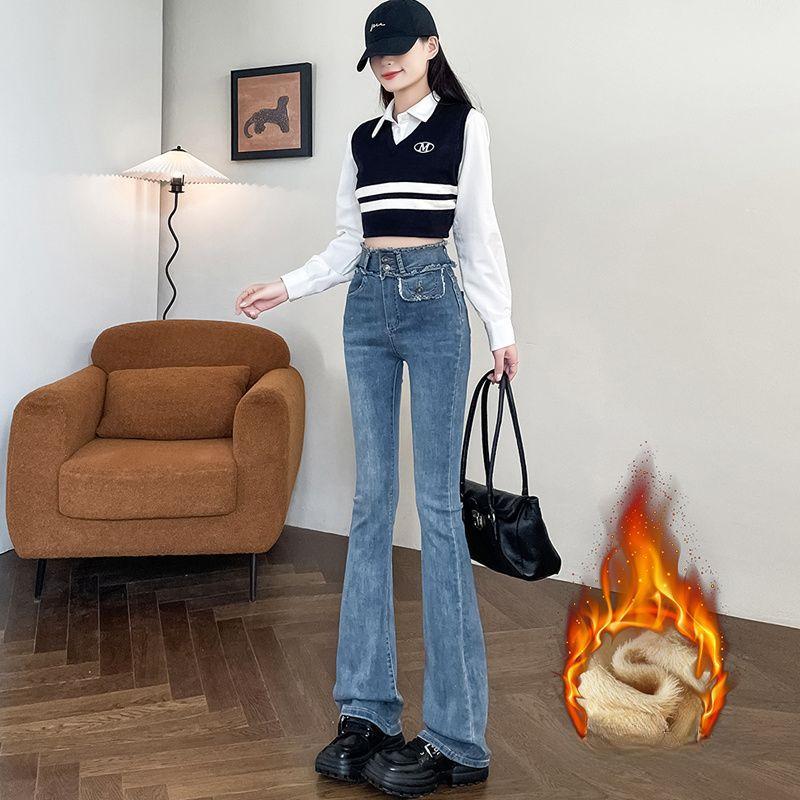 Lat Edged Slightly Flared Jeans for Women In Autumn and Winter New High-waisted Slim Small Size Retro Flared Trousers
