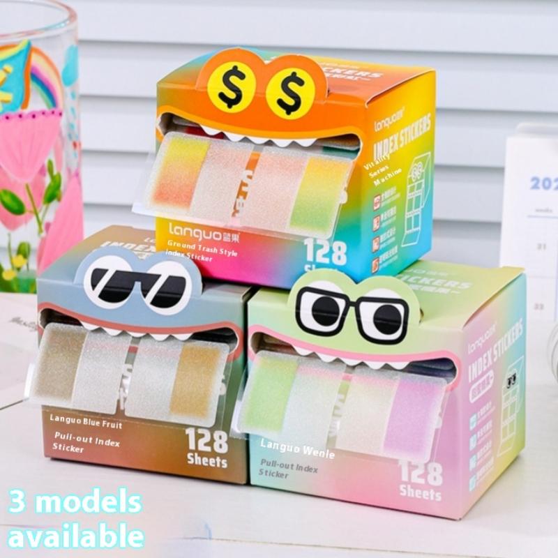 128Sheets/Box Drawer-Style Pull-Out Pearlescent Paper Sticky Transparent Colorful Marking Notes Memo Pad Note Marking Supplies