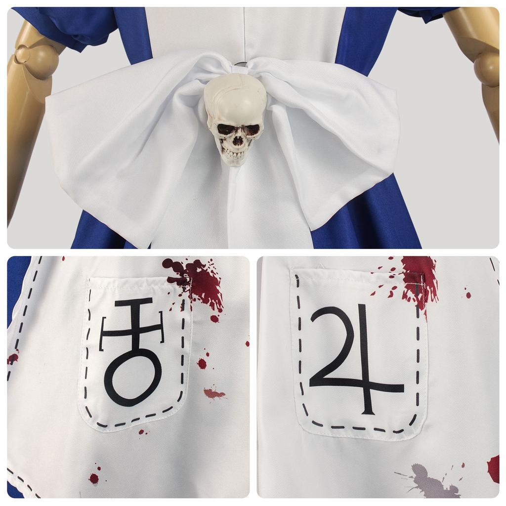 Blutige Alice Cosplay Kostüm Anime Alice Madness Returns Dienstmädchen-Outfit mit ausgefallener Schürze Halskette Halloween Kostüm für Frauen