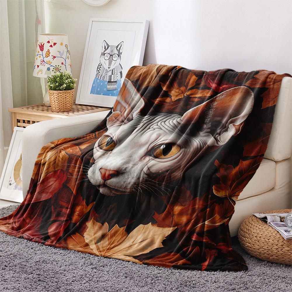 Maple Leaf Cat  Print Flannel Blanket, High quality Comfortable for All Seasons, Home Decor, Warmth and Comfort