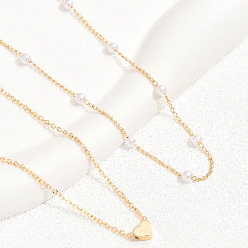 Double-Layer Heart Pendant Pearl Choker Necklace for Women