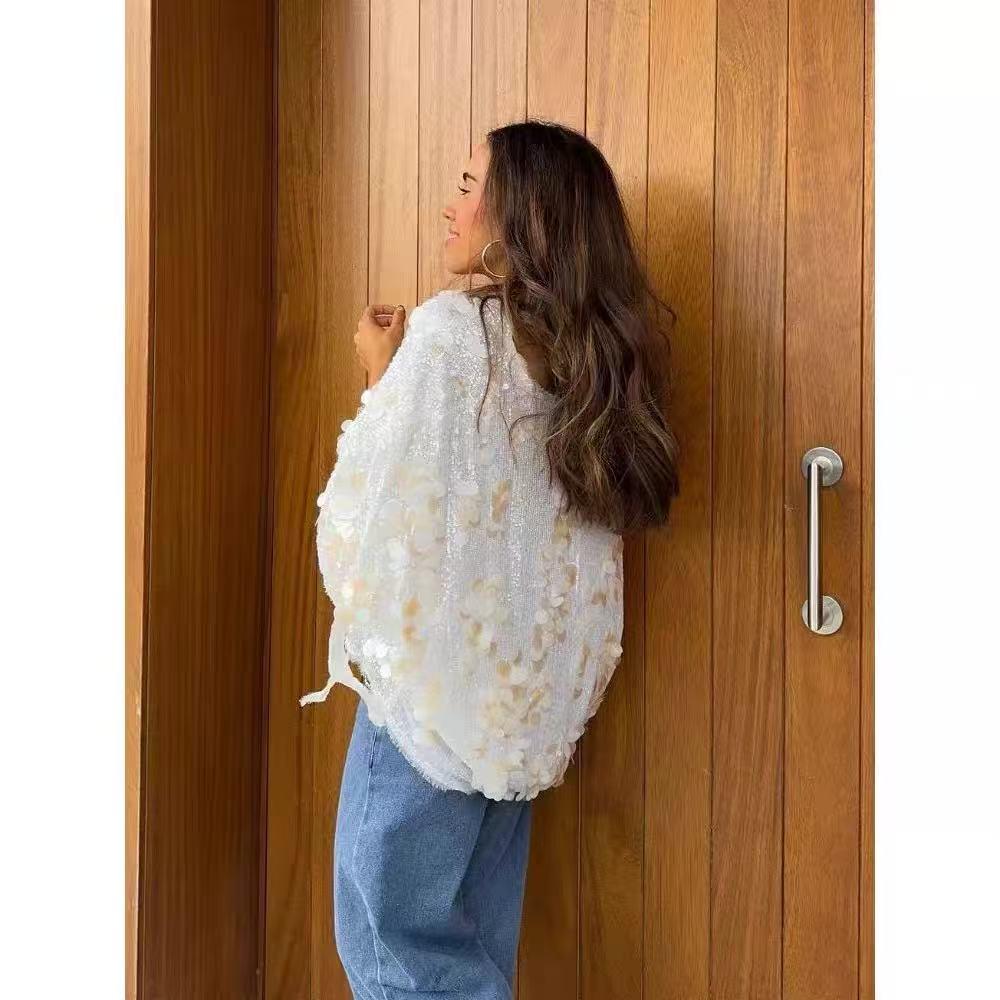 Dámský kardigan se sekviny s výstřihem do V - Módní top s dlouhým rukávem a volným střihem