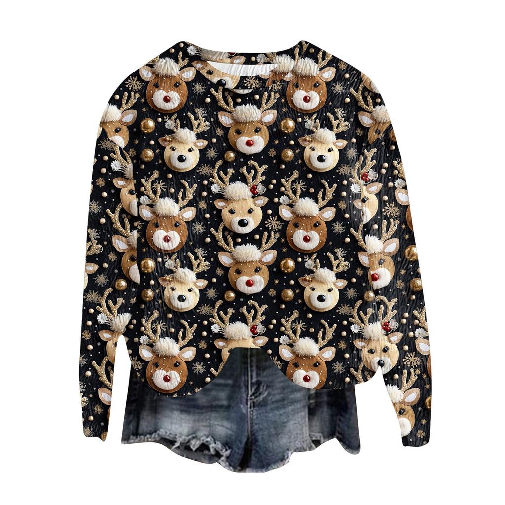 Women's Fashion Round Neck Pullover Top Long Sleeve Tee Christmas Printed Sweatshirt