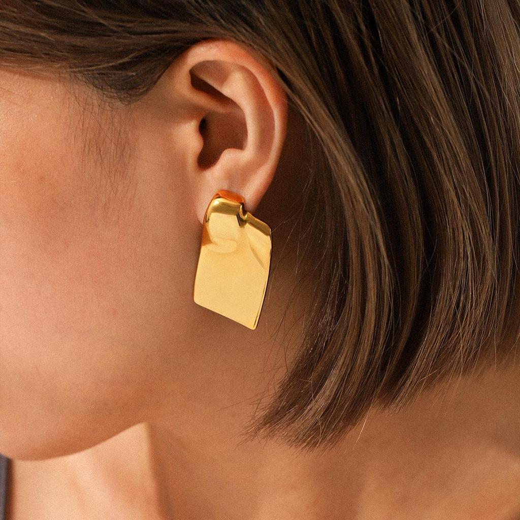 European & American Geometric Square Polished Stud Earrings - Stainless Steel Luxury Metal Fashion