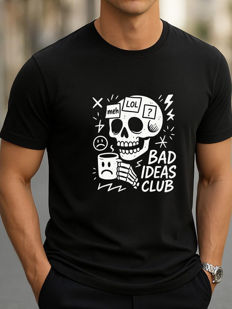 Bad Ideas Club T-Shirt Funny Skull Coffee Graphic Tee, Sarcastic Emo Streetwear Unisex T-Shirt L