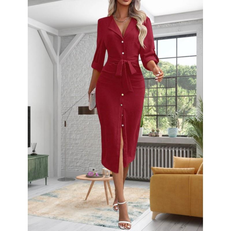 Womens Solid Color Lapel Waist-Cinched Elegant Office Dress With Side Slit Long Sleeve 2026