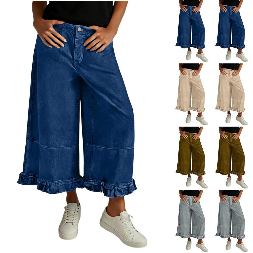 Women's Washed Denim Wide Leg Loose Nine Quarter Lace Jeans