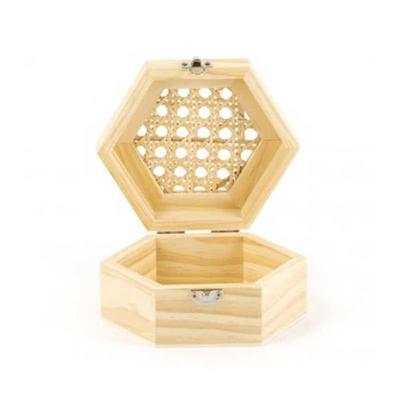 Hexagonal Wooden Box and Caned Lid 13 X 11 X 6 Cm