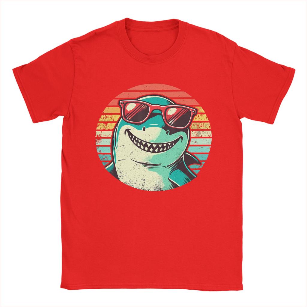 Cool Shark with Sunglasses Retro Sunset Cotton T Shirt For Couple Summer TShirts Crew Neck Leisure Tee Shirt Plus Size Tops