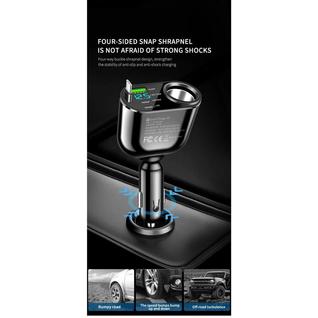 5 In 1 PD 30W Super Fast Charging Socket Car Charger 4 Ports USB Type C Fast Charging for IPhone 16 15 Xiaomi Samsung