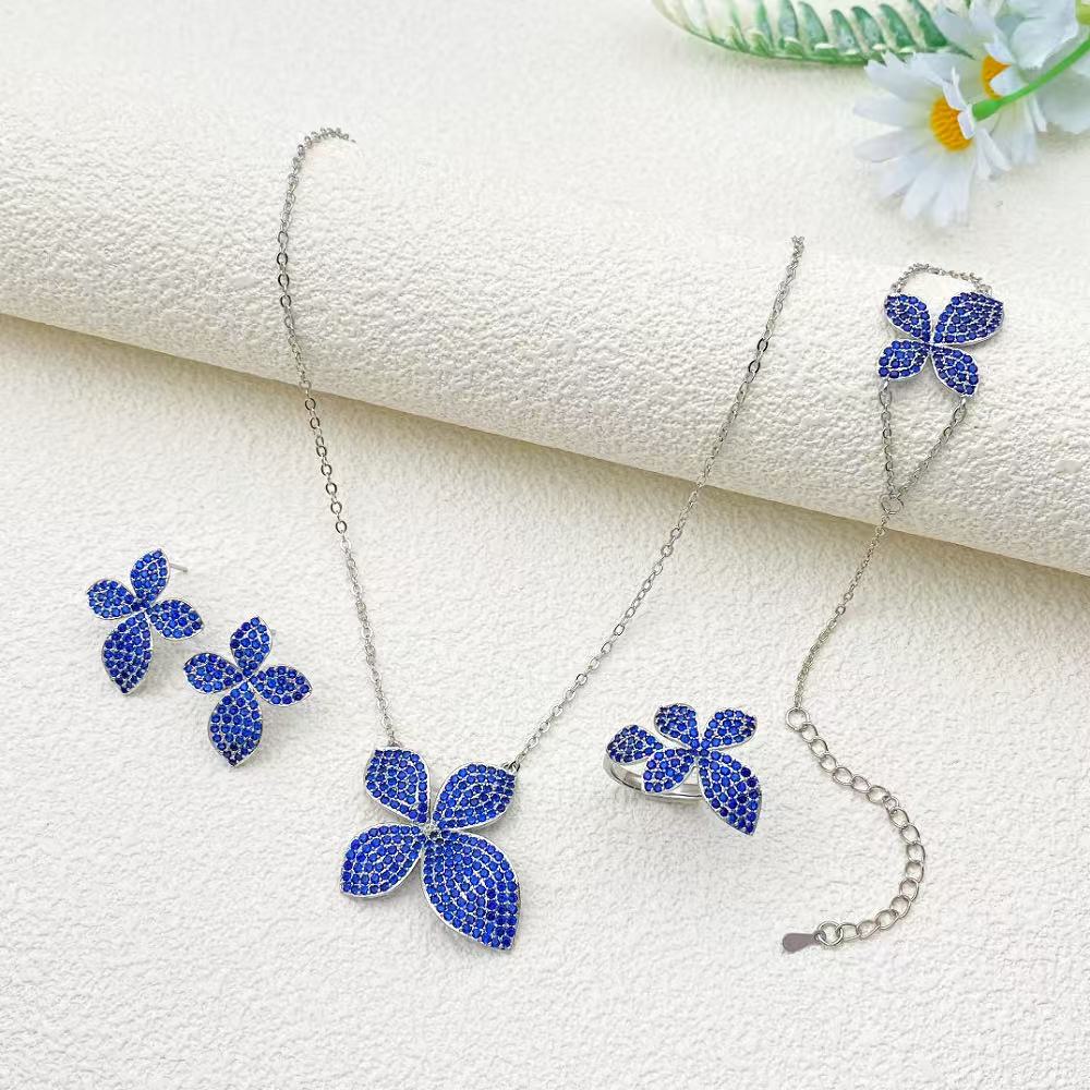 Flora Four Leaf Clover Cubic Zirconia Jewelry Set Plated Copper Bracelet Ring Necklace Earrings Valentine's Day Gift for Her