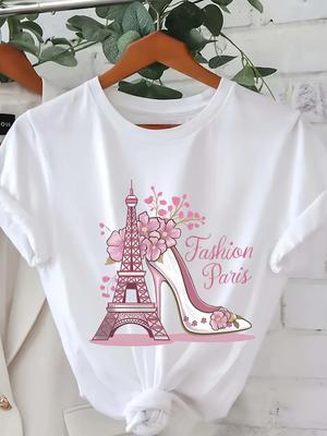 T-shirt Grafica Chic Torre Eiffel & Tacchi Alti da Donna - Morbida Miscela di Poliestere Manica Corta Girocollo Casual con Accenti Floreali