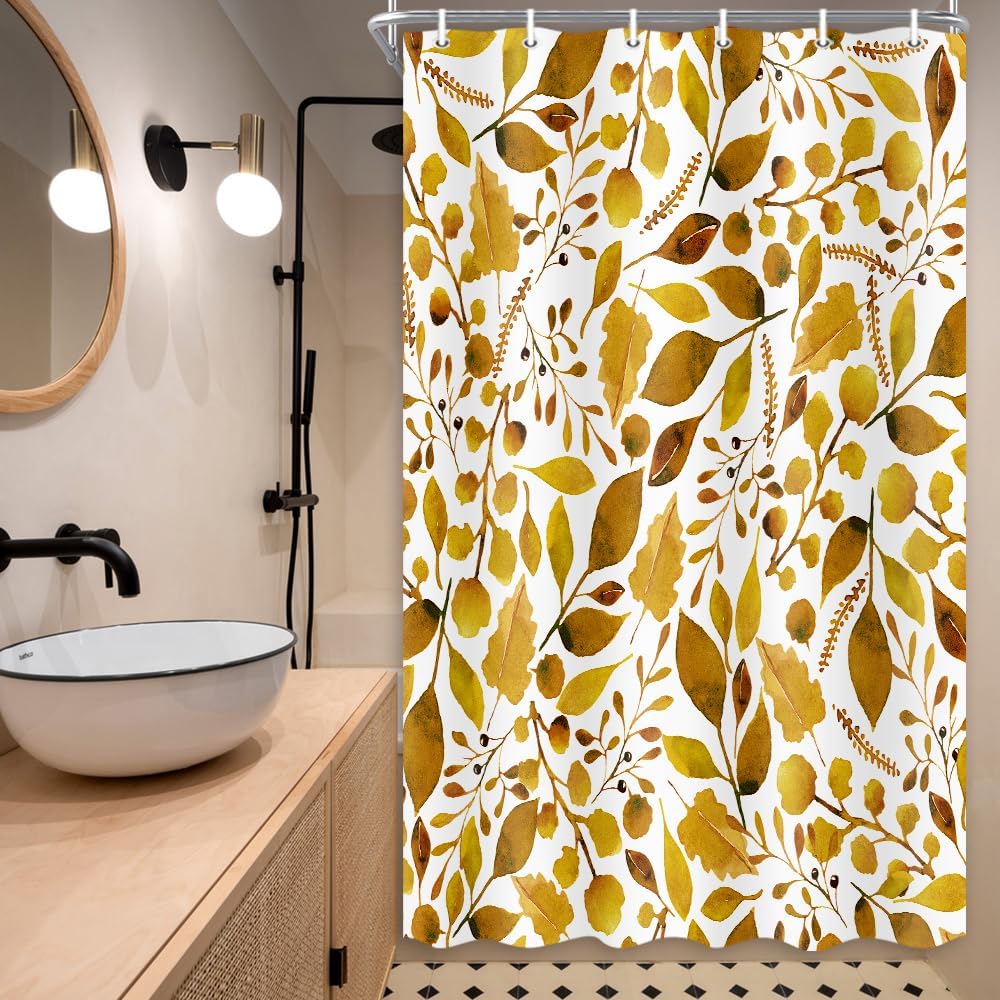 

Autumn Sage Yellow Shower Curtains,Watercolor Plant Leaves With Bathroom Decor Waterproof Fabric Shower Curtain Set With W60H190(CM)-1 Pcs