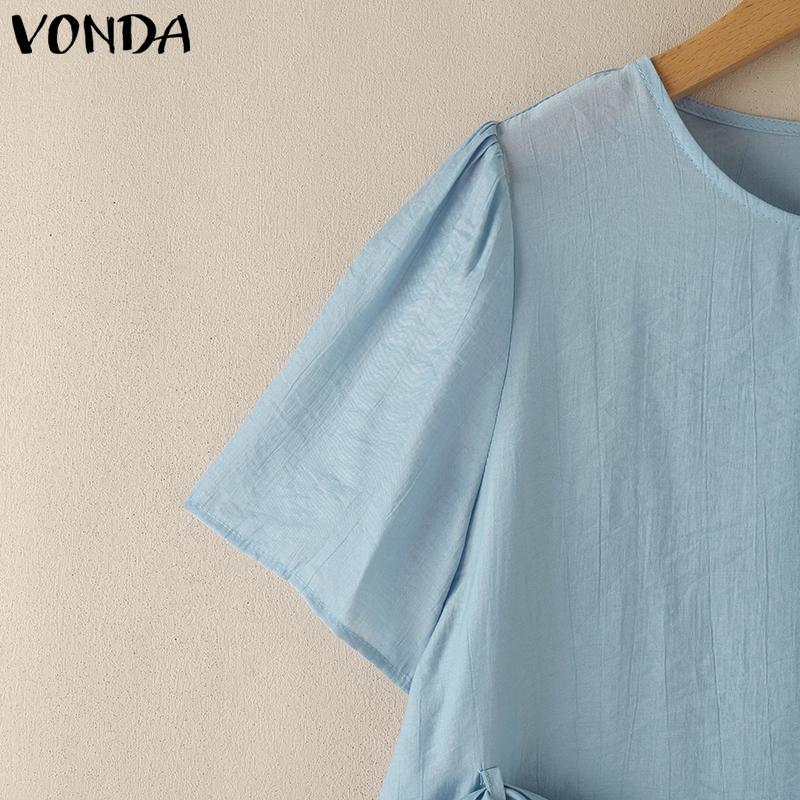VONDA Women Casual Short Sleeve Solid Semi-Sheer Side Twisted Loose Blouse