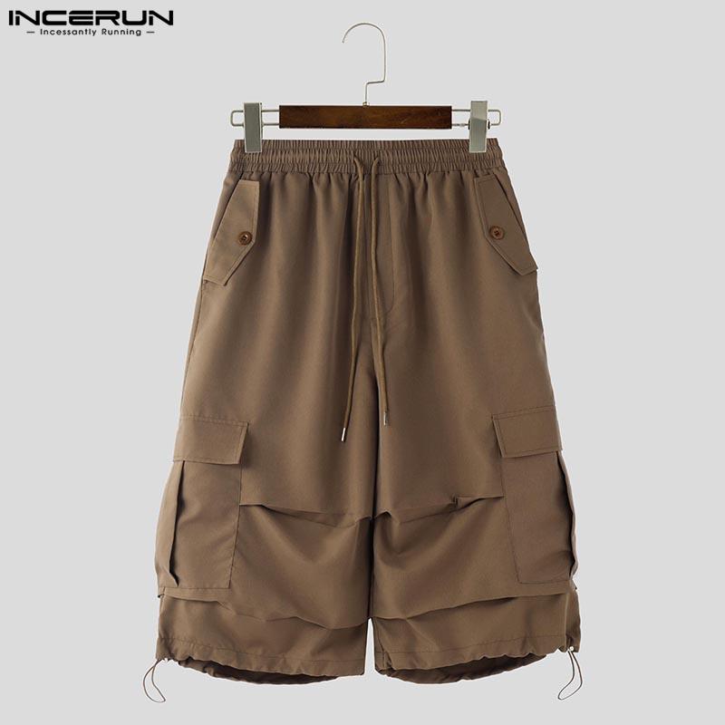 INCERUN Men Drawstring Elastic Waist Ruffled Casual Vintage Cargo Capri Pants with Pockets