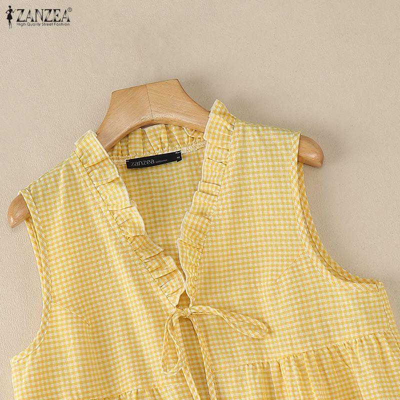 ZANZEA Women Plaid Print Casual V-Neck Sleeveless Blouse