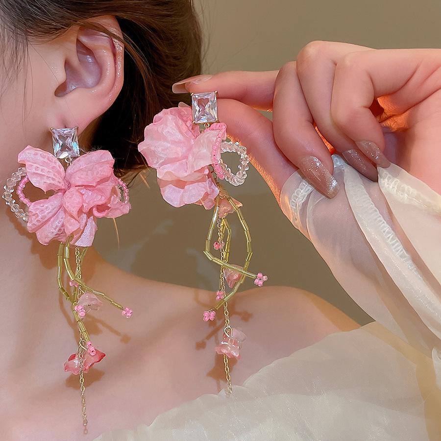 Silver Needle Chiffon Flower Tassel Earrings, Sweet Mori Style, Dopamine Trend, Versatile Women’s Earrings