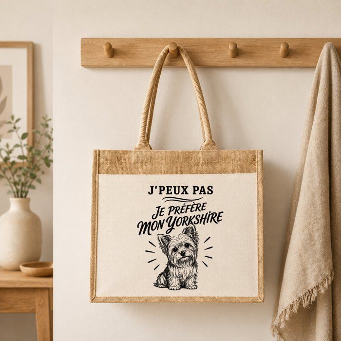 Sac Cabas - PLANETEE - J’peux pas je préfère mon Yorkshire - Toile de jute et coton - 21 L (43×33×21 cm) - Illustration trait noir