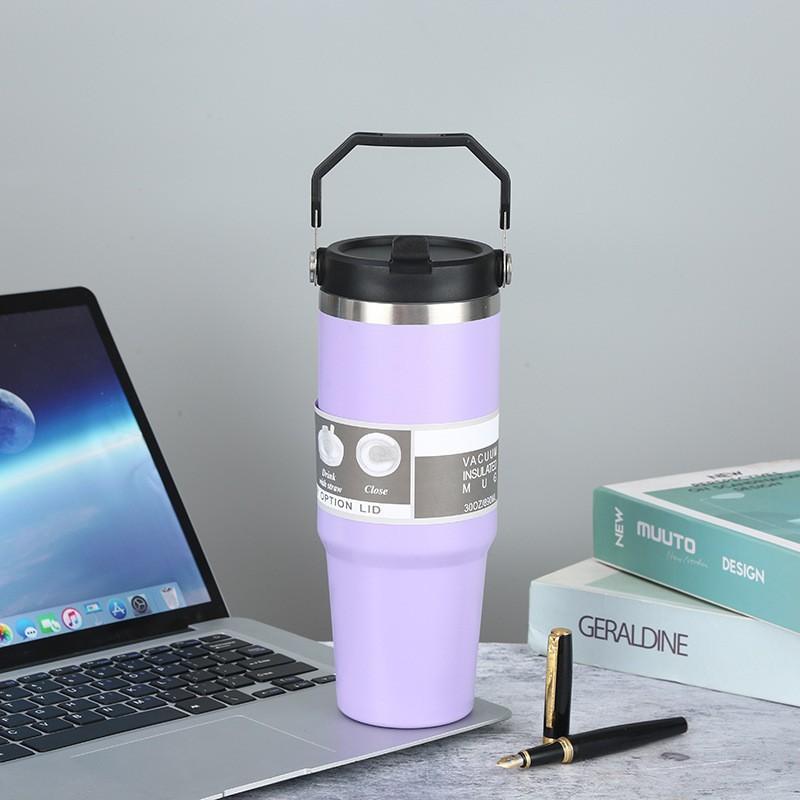 30oz Stainless Steel Travel Mug With Handle Straw Lid Vacuum Insulated Water Bottle Car Office Gym