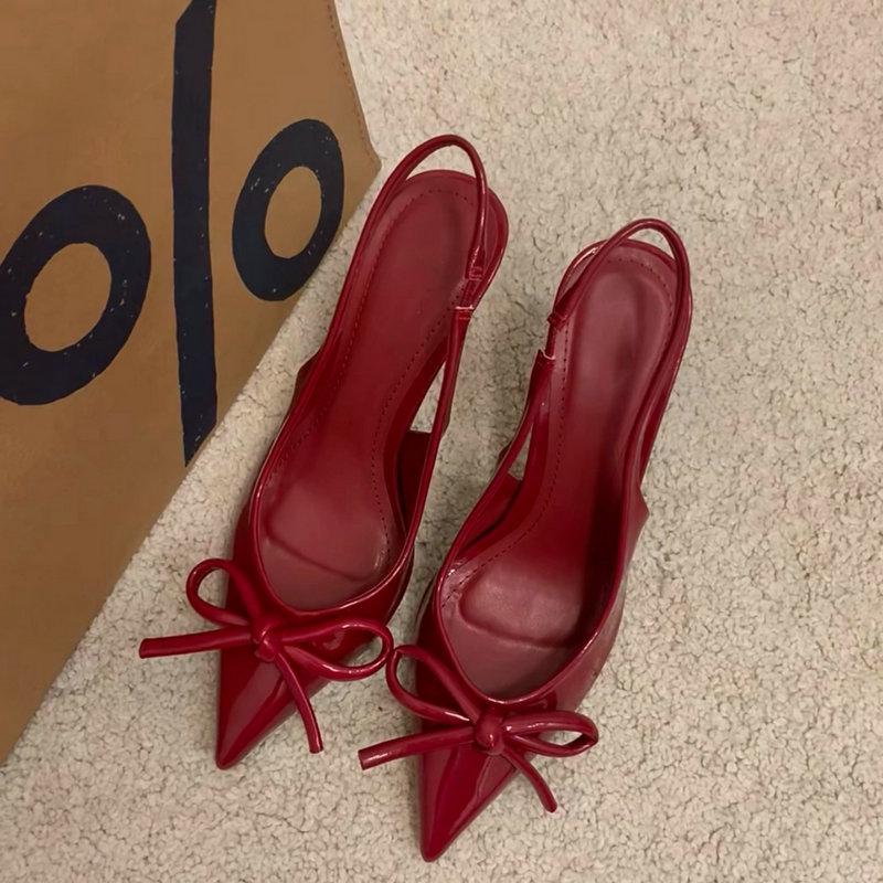 Fashion Instagram Style ~ Pointed-Toe High Heels, Sexy Red Bow Single Shoes, Open Back, French Toe Cap Sandals, Women'S Thin Heels