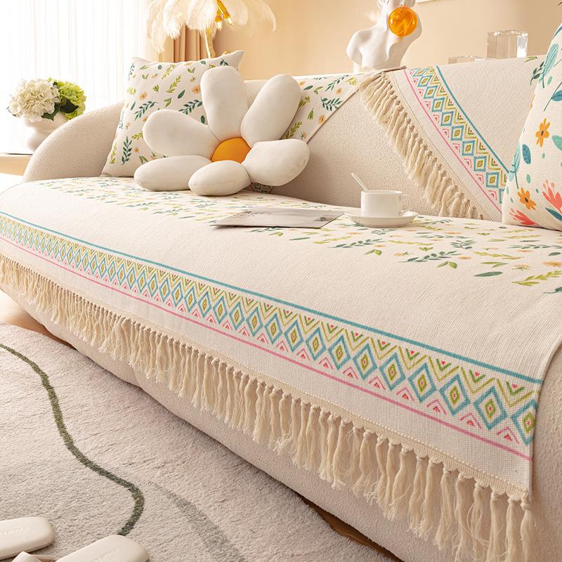 Cotton And Linen Sofa Cushion, Universal Non-Slip Seat Cushion For All Seasons, Old Coarse Cloth, Ethnic Style Fringed Sofa Cover Cover Cloth
