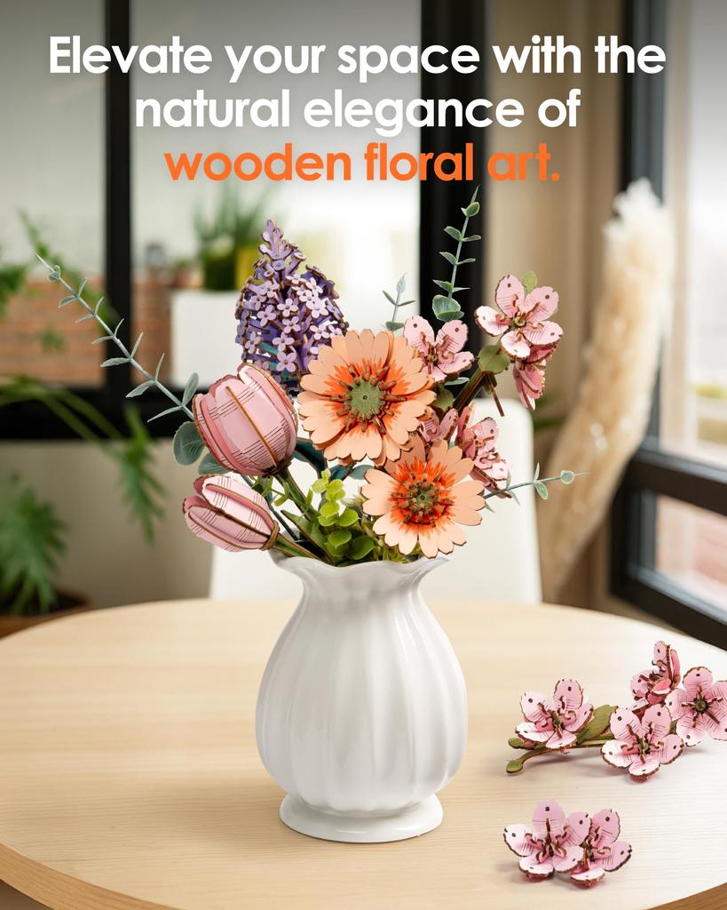 Robotime Rowood DIY 3D Wooden Puzzle for Women Family Home Decoration Building Block Kits Christmas Gifts Sakura Gerbera Daisy