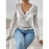 Blusa Elegante da Donna a Scollo a V Manica Lunga in Pizzo Floreale Slim Fit con Bordi a Festone Top Trasparente da Sovrapporre