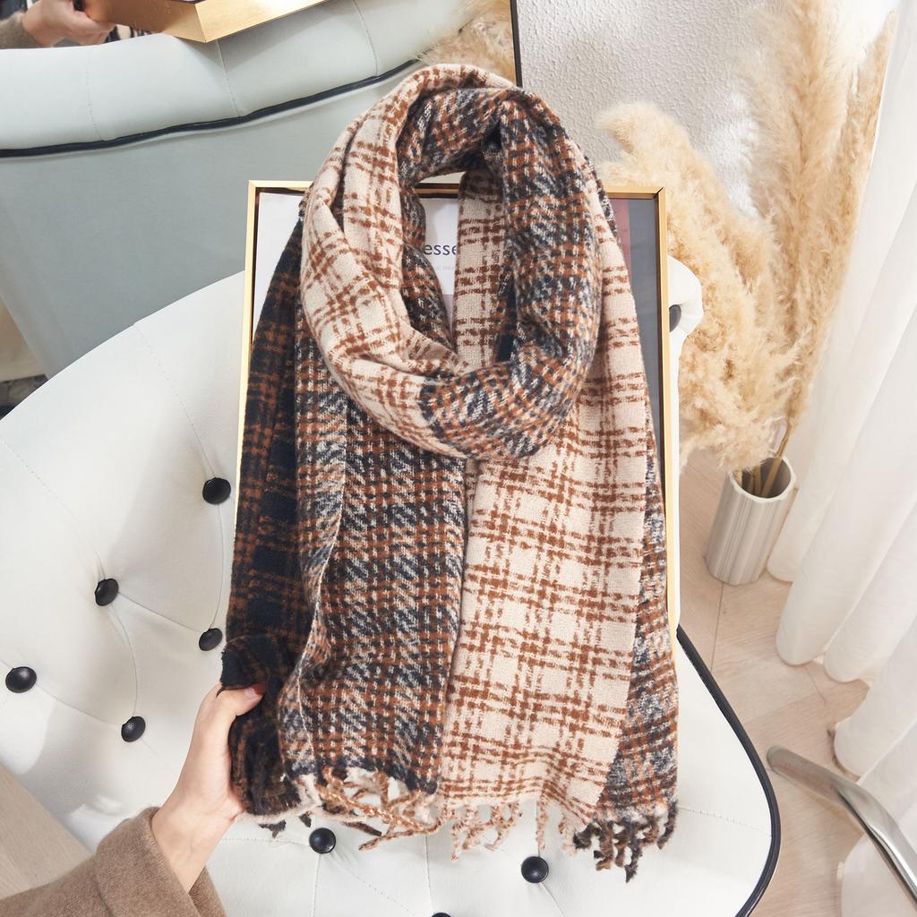 Autumn and Winter High end Double sided Color Blocked Tic Tac Toe Scarf Korean Style Street Atmosphere Imitation Cashmere Warm Scarf