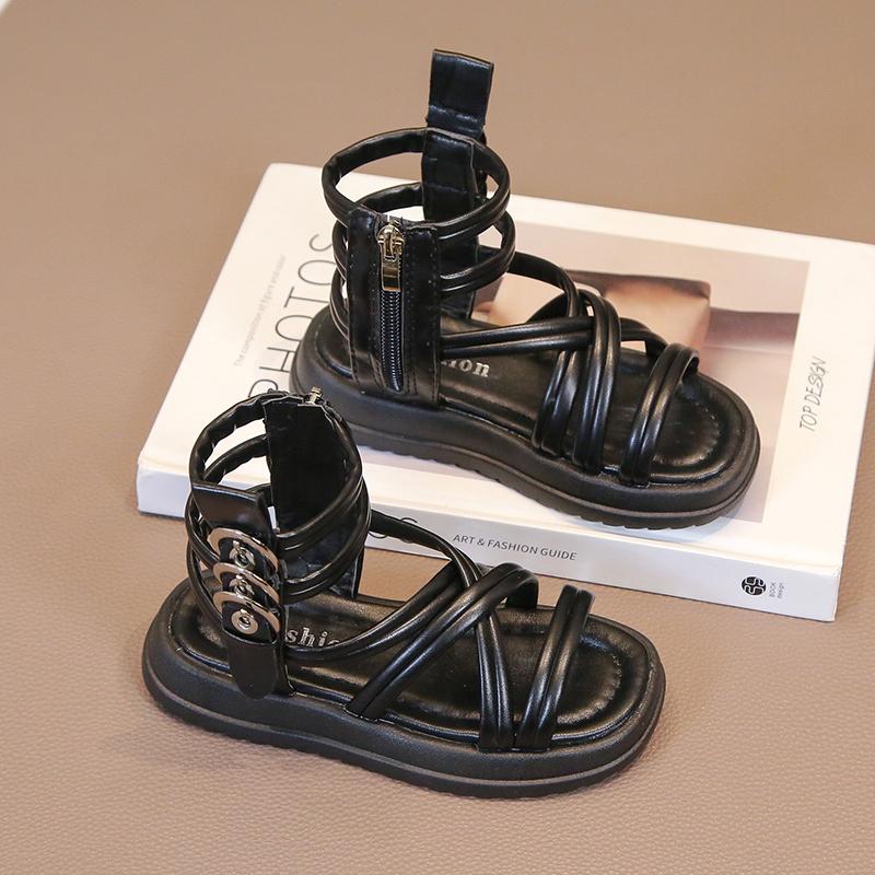 Girls Summer Gladiator Sandals with Side Zippers Metal Buckles Deco Cool Fashion 2024 Summer Brand New Kids Beach Shoes High-top