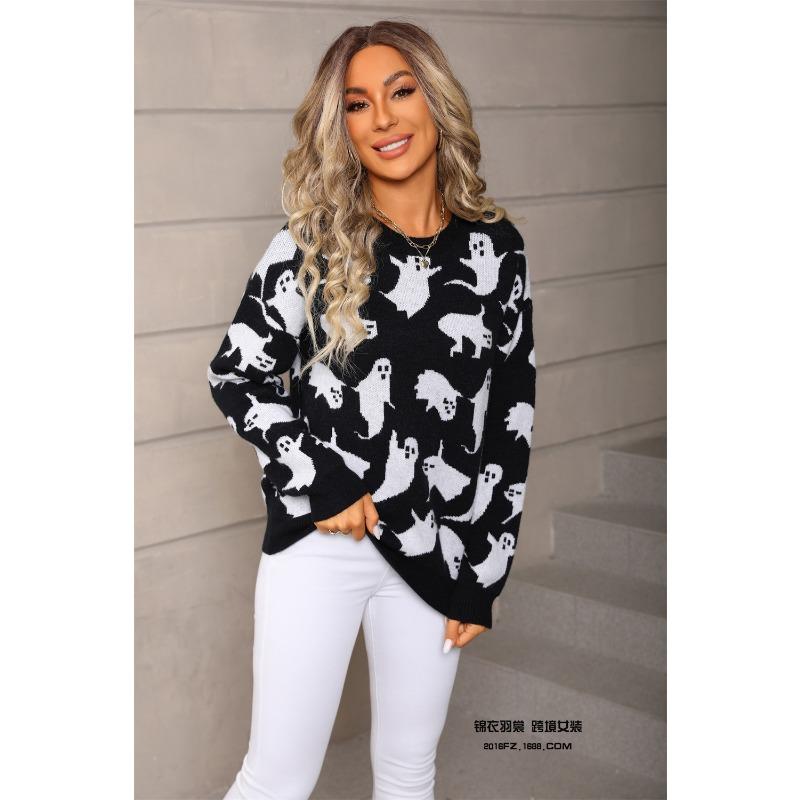 Women Pullover Halloween Sweaters Ghost Print Jumpers Long Sleeves O Neck Loose Slight Strech Casual Office Lady 2025 Autumn