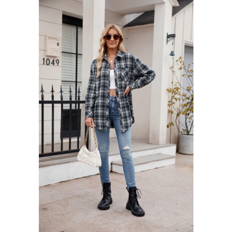 Women S Casual Loose Plaid Long Sleeve Shirt For Autumn Winter