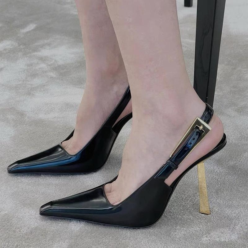 Fashion Star Style Fashion Patent Leather Women Pumps Summer Square Toe Metal Buckle Slingbacks Elegant Thin High Heels Dress Shoes