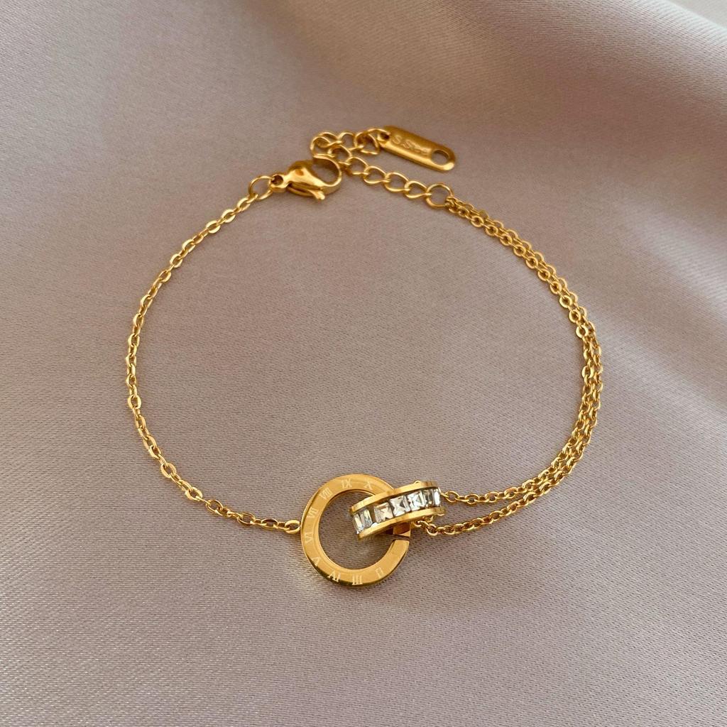 Rose Gold Zircon Roman Numerals Double Ring Bracelet - Titanium Steel Japanese & Korean Style Bangle