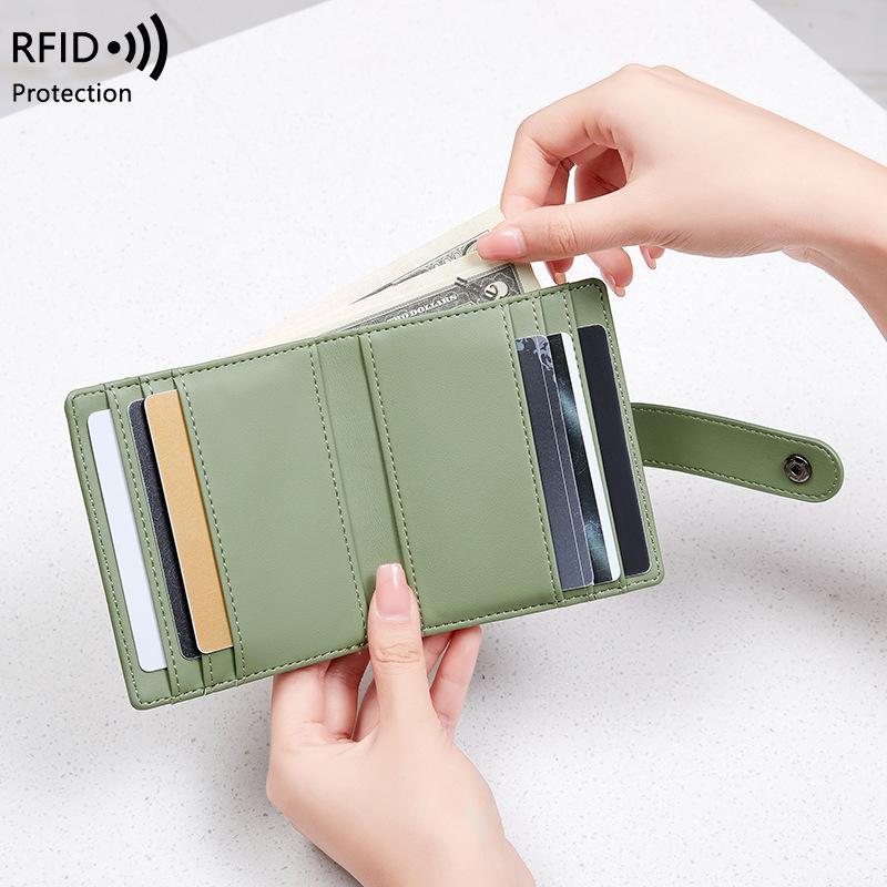 Cross-border RFID Anti-Magnetic Women's PU Wallet - Solid Color, Lightweight, Buckle Closure, Short Coin Purse & Card Holder