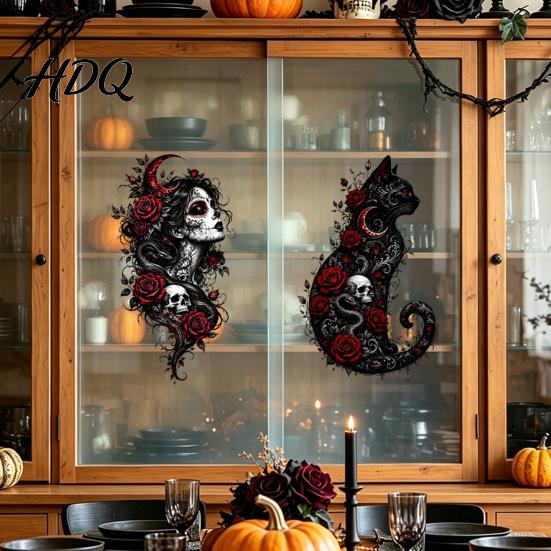 Reusable Festival Decor Halloween Static Window Clings Skeleton Witch Pumpkin Bat Silhouette Glass Stickers Outdoor Murals Removable Decals