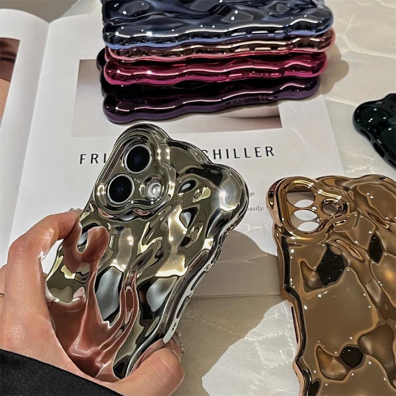 3D Glossy Wrinkle Plating Wave Border Phone Case for iPhone 17 Pro 16 15 Pro Max Plus 11 12 13 14 Meteorite Pattern Soft Cover