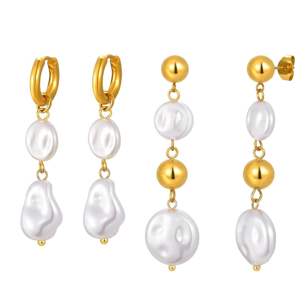 Vintage Irregular Imitation Pearl Earrings for Women, Gold Color Stainless Steel Drop Earrings, Elegant Jewelry Party Gifts