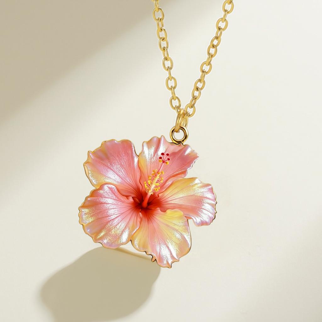 Red Hibiscus Flower Necklace Gold Plated Stainless Steel Pink Hibiscus Flower Necklaces for Women Jewelry Gift