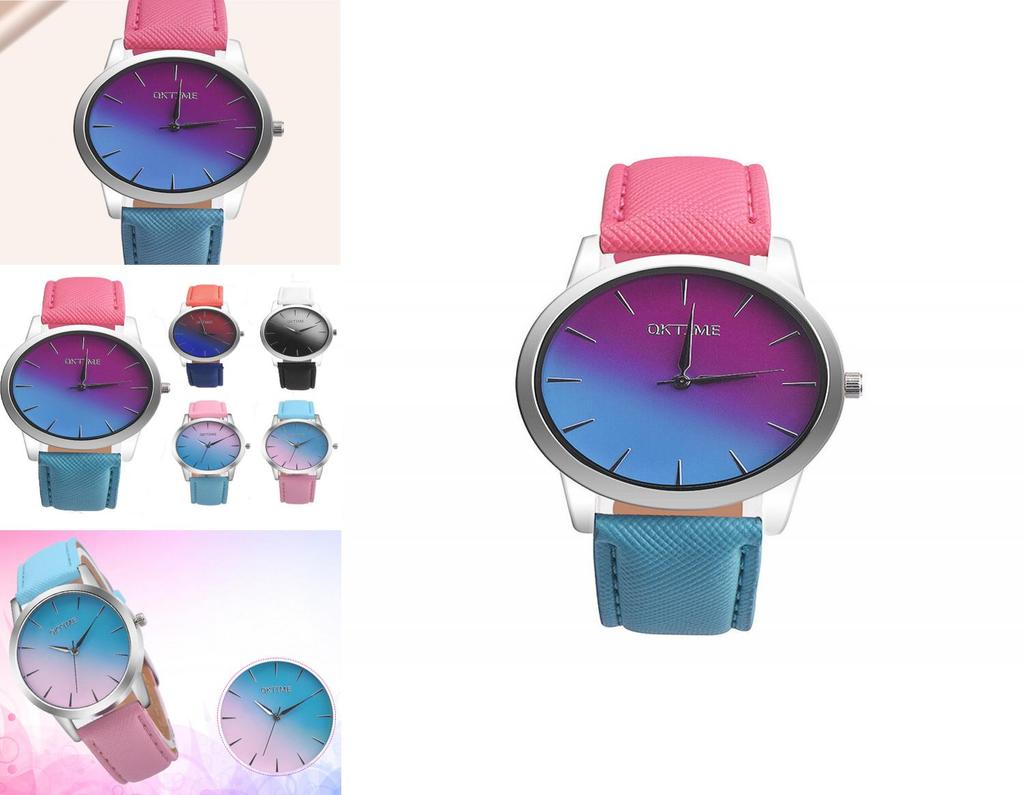 Elegant Women Rainbow Design Analog Quartz Sport Wrist Watch With Artificial Leather Band